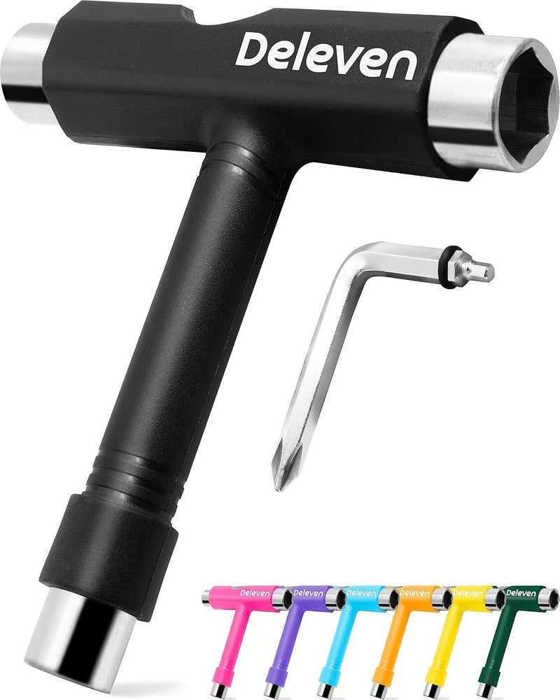 D Deleven Deleven Skate Tool All-in-One Lightweight Portable Skateboard Tool - T Tool with Allen Wrench, Phillips Head Screwdriver - Adjust Roller Skates, Longboards, Skateboards, Quads, Wheels, Trucks, Kingpin - Image 1